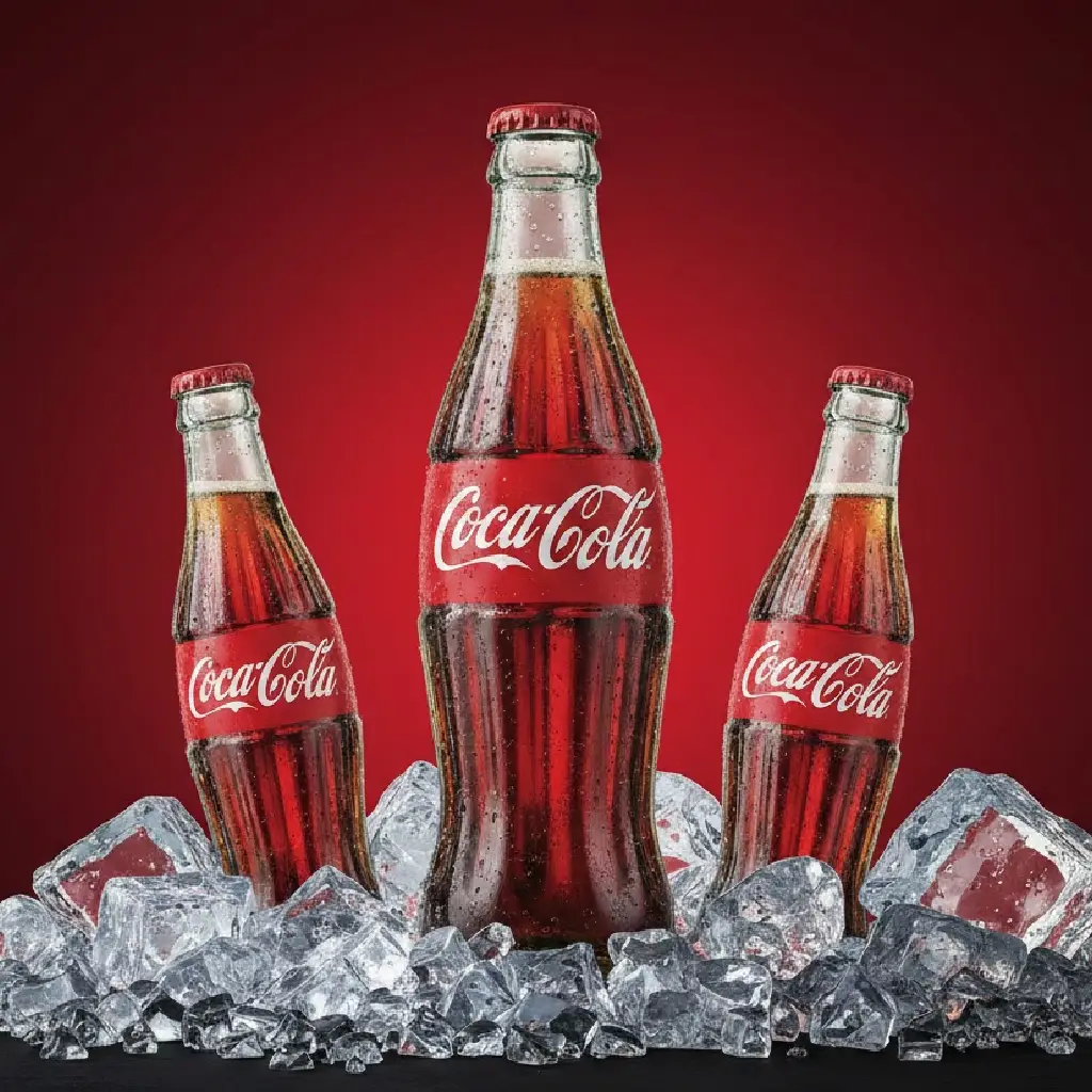 Bodegón publicitario de botellas de Coca-Cola en vidrio: una botella de 500ml al centro flanqueada por dos botellas delgadas de 355ml sobre una cama de cubos de hielo realistas y fondo rojo vibrante.