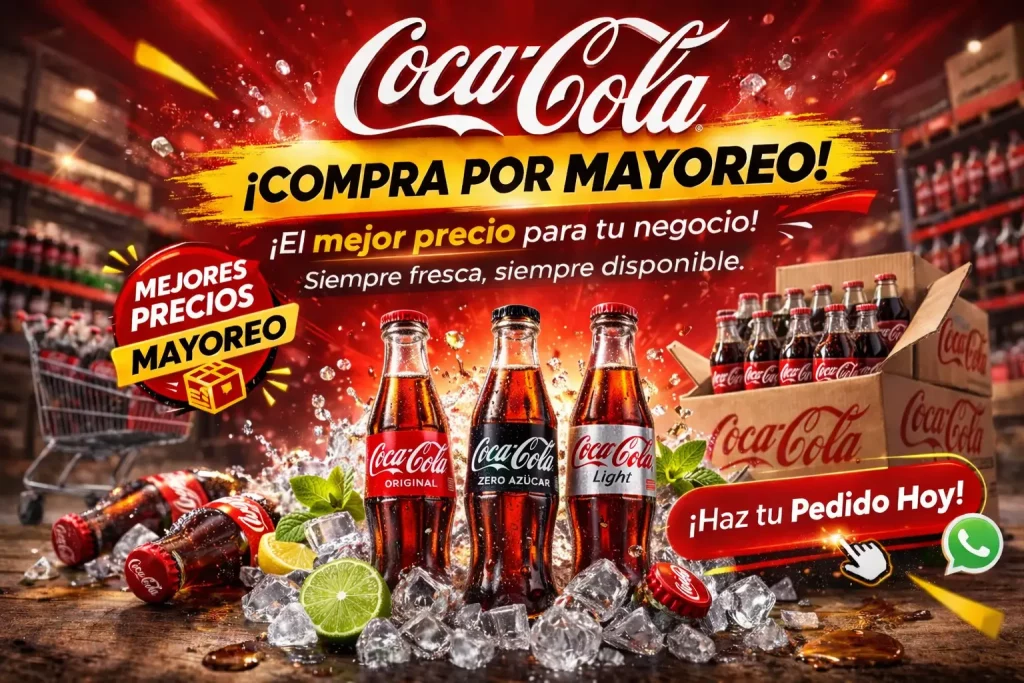 Anuncio promocional de Coca-Cola por mayoreo con tres botellas de vidrio de 500 ml sobre hielo, mostrando Coca-Cola Original, Zero Azúcar y Light, con fondo rojo brillante y elementos de frescura.