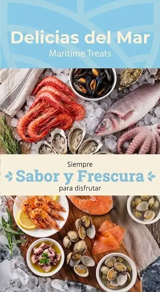 Publicidad de mariscos frescos que muestra camarones, ostras, pescado y pulpo sobre hielo, con el texto central "Siempre Sabor y Frescura para disfrutar".